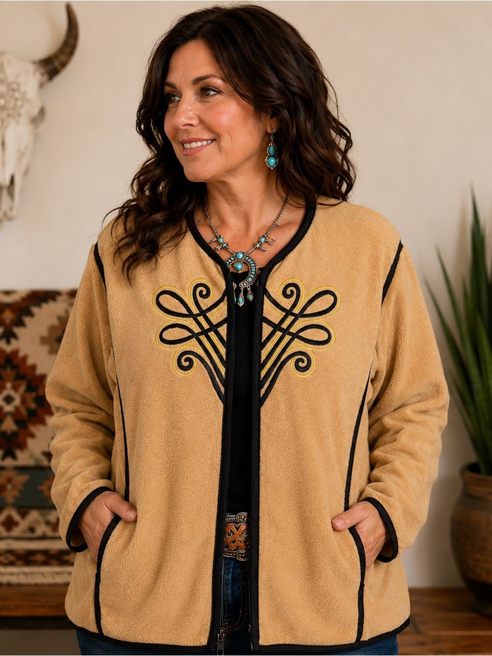 Bob Mackie Wearable Art Embroidered Zip Jacket 2X Southwestern Fleece